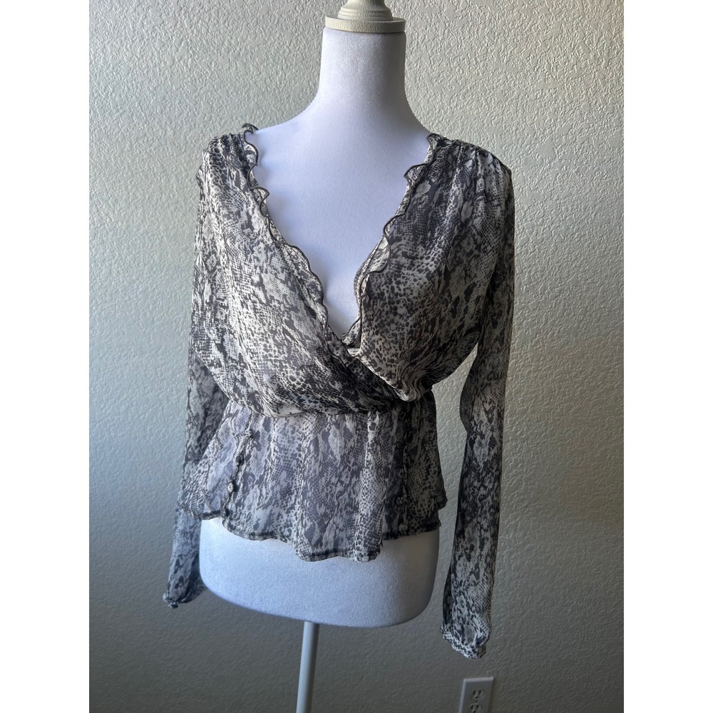 Y2K Guess Women's Long Sleeve‎ Snake Print Wrap Peplum Blouse XS Sheer Babydoll